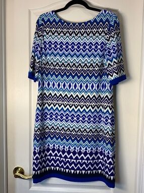 Eliza J Blue Geometric Dress Size 12 – Cruise Ready Guest Wedding Dress Zip Back
